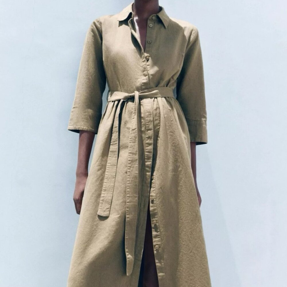 Zara Greenish Linen Blend Midi Dress